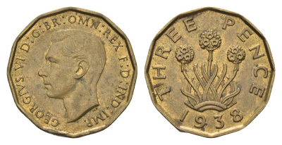 Великобритания 3 пенса 1938 Георг VI (1936-1952) KM 849, Spink 4112 никель латунь    4660-653