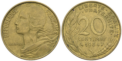 Франция 20 сантимов 1984 тип Marianne KM 930, Le Franс 156.24 медь алюминий никель 85-123