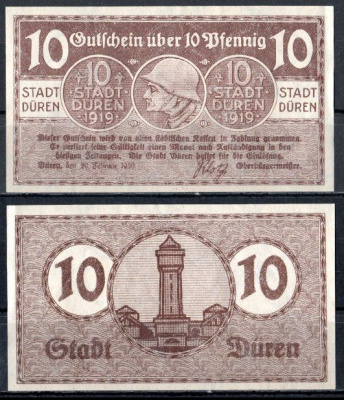 Дюрен (Пруссия) 10 пфеннигов 1920 Mehl Grabowski D34.12 бумага UNC (пресс) 7555-60-1-1