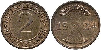 ГЕРМАНИЯ 2 РЕНТПФЕННИГА 1924 F J 307, KM 31 бронза UNC 66-721