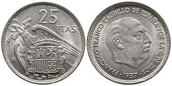 ИСПАНИЯ 25 ПЕСЕТ 1957 (69) ФРАНСИСКО ФРАНКО ДИКТАТОР ИСПАНИИ (1939-1975) KM 787 медно-никель 4110-1541