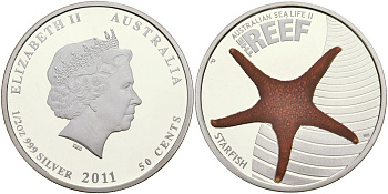 Австралия 50 центов 2011 морская жизнь Австралии, морская звезда KM 1577 серебро PROOF 1098-5-53