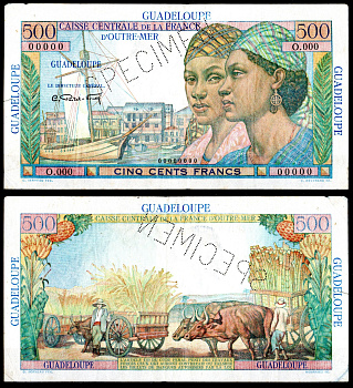 Гваделупа 500 франков ND (1947-1949) SPECIMEN - образец, женщины,  рабочие и быки с телегами урожая Pick 36 s  бумага   451-887-1