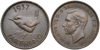 Великобритания 1 фартинг 1937 Георг VI (1936-1952) KM 843, Spink 4116 бронза 4548-1144