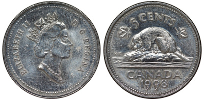 Канада 5 центов 1998 бобр, Елизавета II (1952-) KM 182 медно-никель 4128-557