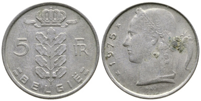 Бельгия 5 франков 1975 Belgie, Бодуэн I (1951-1993) KM 135.1 медно-никель  4603-1037