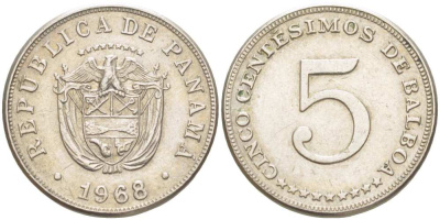 Панама 5 сентесимо 1968 KM 23.2 медно-никель 4513-741
