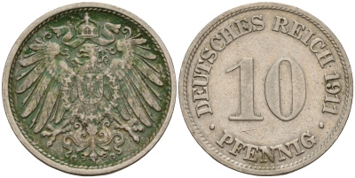 Германия 10 пфеннигов 1911 G J. 13,  KM 12 медно-никель    4603-731
