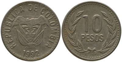 Колумбия 10 песо 1992 KM 281 никель латунь 4538-737
