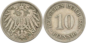 ГЕРМАНИЯ 10 ПФЕННИГОВ 1898 D KM 12, J. 13 медно-никель 4401-1027