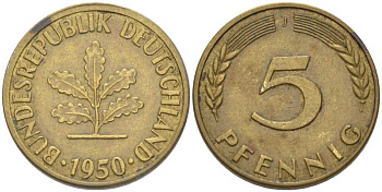 ФРГ 5 ПФЕННИГОВ 1950 J KM 107, J. 382 сталь плакированная латунью 4514-644