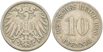 Германия 10 пфеннигов 1900 D KM 12, J. 13 медно-никель 210-635