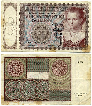 Нидерланды 25 гульденов 1944 4 апреля 1944, 1 цифра 2 буквы 6 цифр, серия 9 AN Pick 60, Akkermans 50.1 a бумага 7217-43-2-1