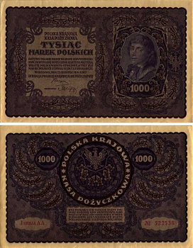 ПОЛЬША 1000 МАРОК 1919 23 АВГУСТА 1919, ТРЕТИЙ ВЫПУСК, ПОРТРЕТ КОСТЮШКО Pick 29 бумага XF 8607-35-1