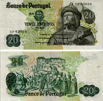ПОРТУГАЛИЯ 20 ЭСКУДО 1971 27 ИЮЛЯ 1971, ГАРСИЯ ДЕ ОРТА, 16 ВЕК РЫНОК НА ГОА Pick 173 бумага 6281-26-4-2