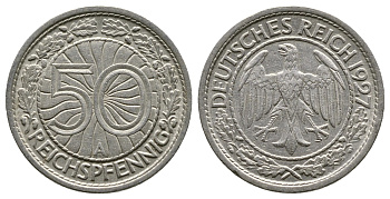 Германия 50 рейхспфеннигов 1927 A KM 49, J. 324 никель 4380-346