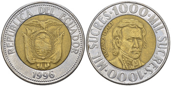 ЭКВАДОР 1000 СУКРЕ 1996 ЭУХЕНИО ЭСПЕХО KM 99 биметалл 31-437