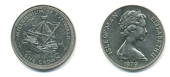 Остров Мэн 1 крона 1979 1000 летие Тинвальду (парламенту), корабль англичан КМ 47 медно-никель UNC 58-811