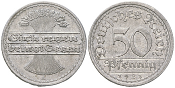 Германия 50 пфеннигов 1921 A KM 27, J.301, Weege 10 алюминий 60-354