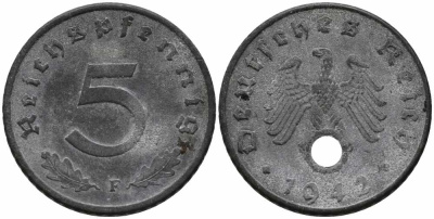 ГЕРМАНИЯ 5 РЕЙХСПФЕННИГОВ 1942 F KM 100, J. 370 цинк 112-129