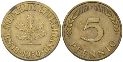 ФРГ 5 ПФЕННИГОВ 1950 J KM 107, J. 382 сталь плакированная латунью 4514-644