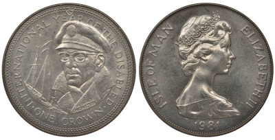 Остров Мэн 1 крона 1981 Международный год инвалидов, Сэр Фрэнсис Чичестер, яхта KM 80 медно-никель UNC 01-163-25