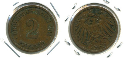 ГЕРМАНИЯ 2 ПФЕННИГА 1911 D KM 16, J.11 медь 701-523