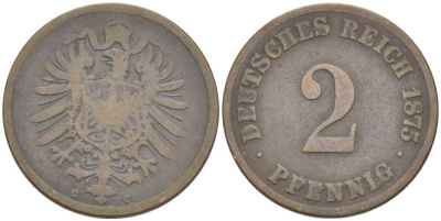 ГЕРМАНИЯ 2 ПФЕННИГА 1875 С, СТАРОГЕРБОВКА KM 2, J. 2, Weege 3 медь 212-516