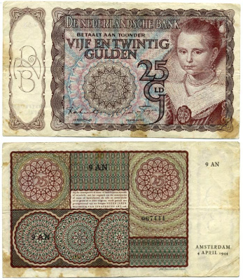 Нидерланды 25 гульденов 1944 4 апреля 1944, 1 цифра 2 буквы 6 цифр, серия 9 AN Pick 60, Akkermans 50.1 a бумага 7217-43-2-1