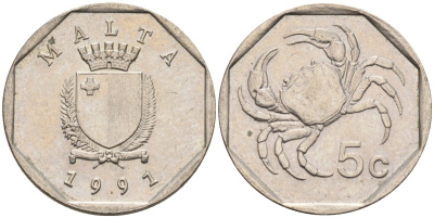 Мальта 5 центов 1991 краб KM 95 медно-никель 4588-122