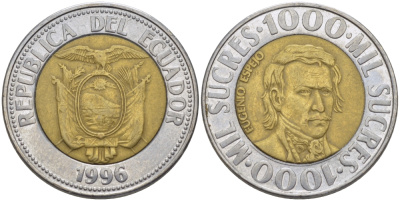 ЭКВАДОР 1000 СУКРЕ 1996 ЭУХЕНИО ЭСПЕХО KM 99 биметалл 31-437