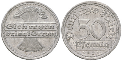 Германия 50 пфеннигов 1921 A KM 27, J.301, Weege 10 алюминий 60-354