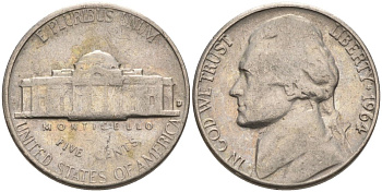 США 5 центов 1964 D, Джефферсон KM А192 медно-никель 92-1124