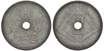 БЕЛЬГИЯ 25 САНТИМОВ 1944 BELGIE-BELGIQUE, ГЕРМАНСКАЯ ОККУПАЦИЯ, ВТОРАЯ МИРОВАЯ ВОЙНА KM 132 цинк 27-945