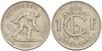 ЛЮКСЕМБУРГ 1 ФРАНК 1952 СТАЛЕВАР KM 46.2 медно-никель 4548-1037