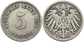 ГЕРМАНИЯ 5 ПФЕННИГОВ 1890 E KM 11, Jager 12, Weege 6 медно-никель 4547-321