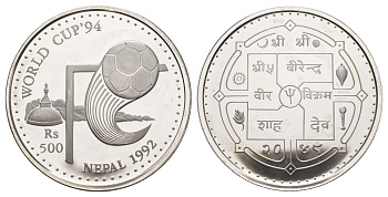 Непал 500 рупий 1992 Чемпионат мира по футболу 1994, США KM 1069 серебро PROOF 1079-9-42