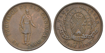 Канада, Нижняя Канада банковский токен 1/2 пенни (1 су) 1837 Bank of Montreal KM Tn9, CCT LC-8D медь 1518-1321