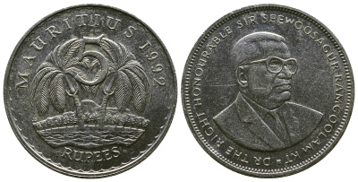 Маврикий 5 рупий 1992 Сивусагур Рамгулам KM 56 медно-никель 4381-324