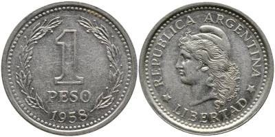 Аргентина 1 песо 1958 голова свободы влево KM 57 сталь плакированная никелем 4525-915