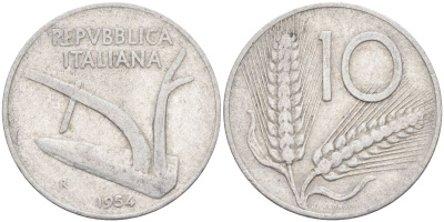 Италия 10 лир 1954 R, плуг, колосья KM 93 алюминий 4538-437
