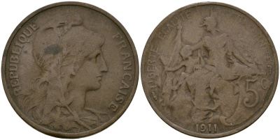 Франция 5 сантимов 1911 KM 842, Le Franc 119.5 бронза 51-1257