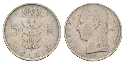 Бельгия 5 франков 1949 Belgie, Леопольд III (1934-1951) KM 135.1 медно-никель 4381-547