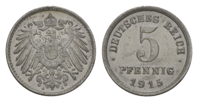 Германия 5 пфеннигов 1915 A, Вильгельм II (1888-1918) KM 19, J. 297 железо плакированное цинком 4644-1112