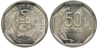 Перу 50 сентимо 2007 KM 307.4 медно-никель aUNC 4605-317