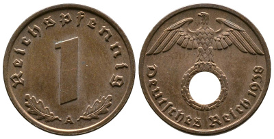Германия 1 рейхспфенниг 1938 A KM 89, J. 361 бронза    220-313