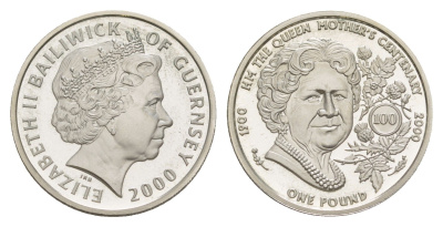 Гернси 1 фунт 2000 100 лет со дня рождения Королевы Матери KM 99 серебро PROOF 1521-1045