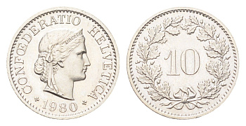 Швейцария 10 раппенов 1980 KM 27 медно-никель 4708-225