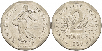 ФРАНЦИЯ 2 ФРАНКА 1980 СЕЯТЕЛЬ KM 942.1, LE FRANC 272.4 никель 213-1225