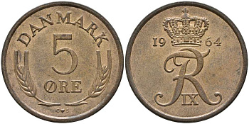 ДАНИЯ 5 ЭРЕ 1964 С; S; ФРЕДЕРИК IX (1947-1972) KM 848.1 бронза 113-754